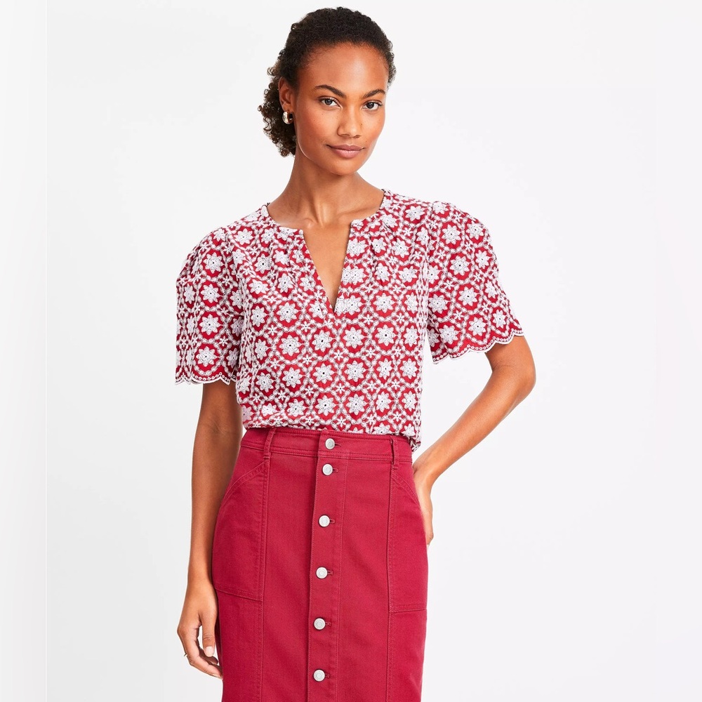 Loft Red Floral Embroidered Scalloped Blouse Sz S NWT